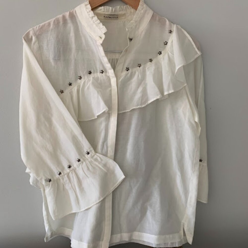 Boho Cowgirl Star gaze shirt by Rapsodia-white w/metal appliques;size S